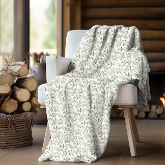 Sage Green Leaves Floral Art Pattern On Ecru Ivory Fleece Blanket