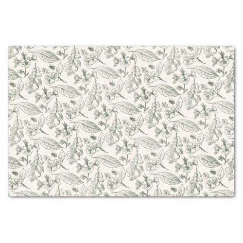 Sage Green Leaves Floral Art Pattern On Ivory Ecru Tissue Paper