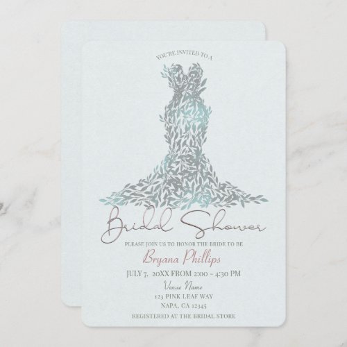 Sage Green Leaves Glam Dress Modern Bridal Shower Invitation