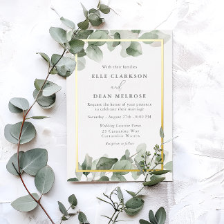 Sage Green Leaves Gold Border Wedding Foil Invitation
