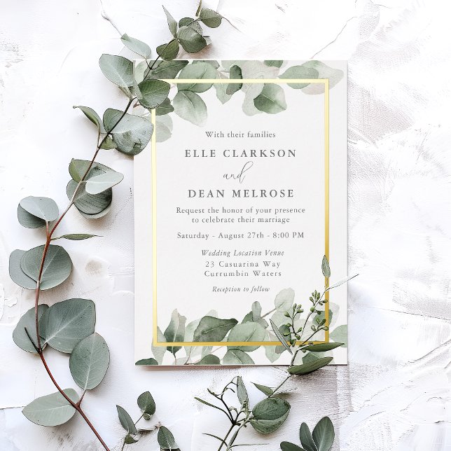 Sage Green Leaves Gold Border Wedding Foil Invitation (Creator Uploaded)