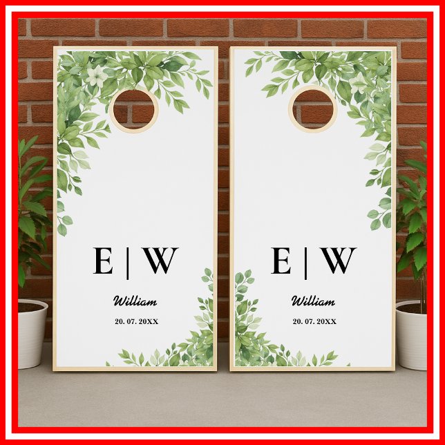Sage Green Leaves Greenery Monogram Wedding Cornhole Set (Creator Uploaded)