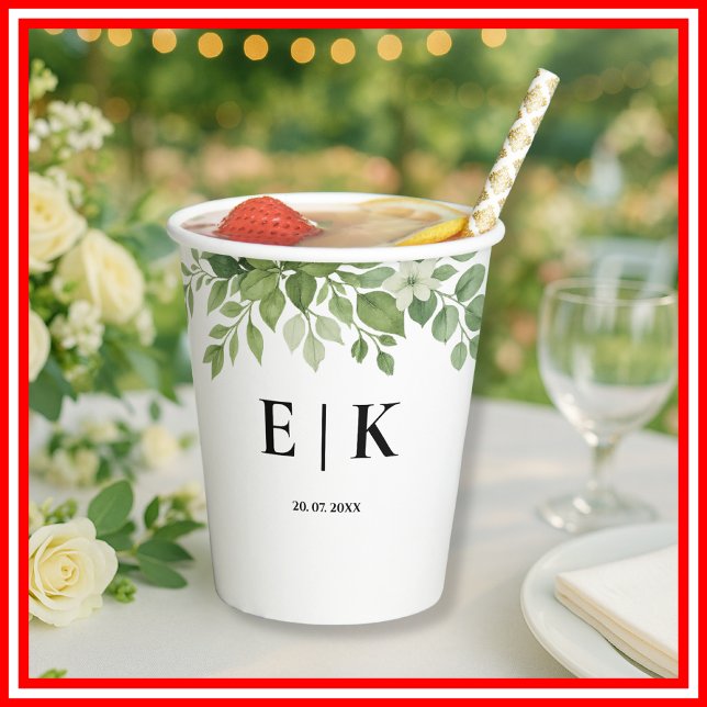 Sage Green Leaves Greenery Monogram Wedding Paper Cups (Creator Uploaded)
