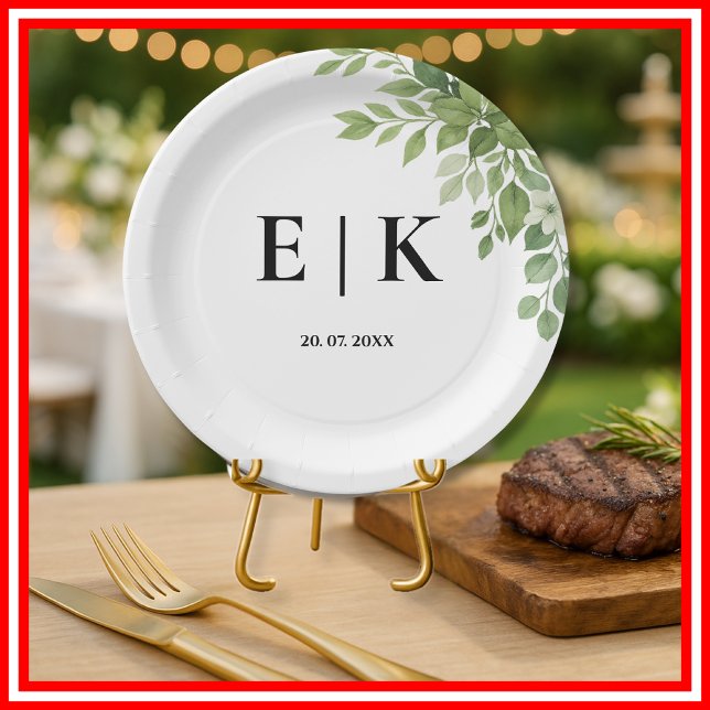 Sage Green Leaves Greenery Monogram Wedding Paper Plates (Creator Uploaded)