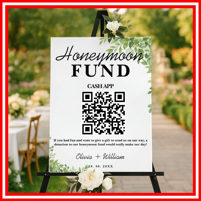 Sage Green Leaves Honeymoon Fund QR Wedding Sign (Creator Uploaded)