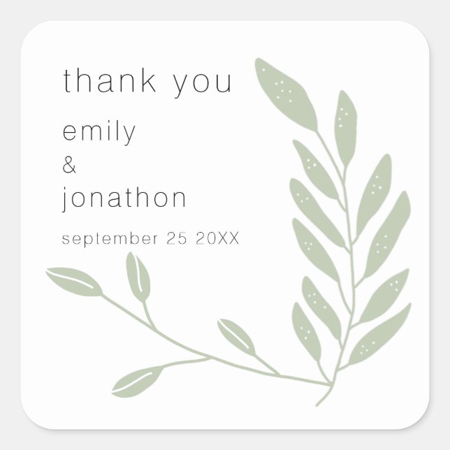 Sage Green Leaves Names Date Wedding Square Sticker (Front)