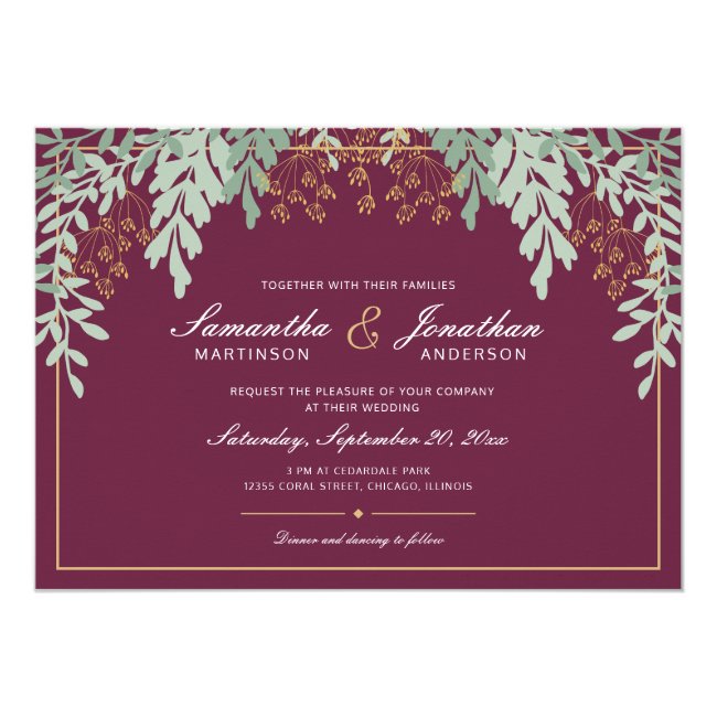 Sage Green Leaves on Cranberry Wedding Invitation