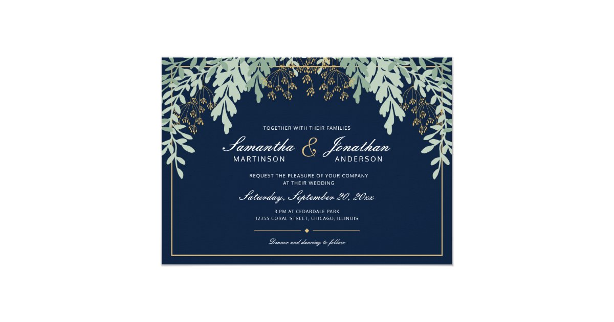Sage Green Leaves on Dark Blue | Wedding Invitation | Zazzle.com