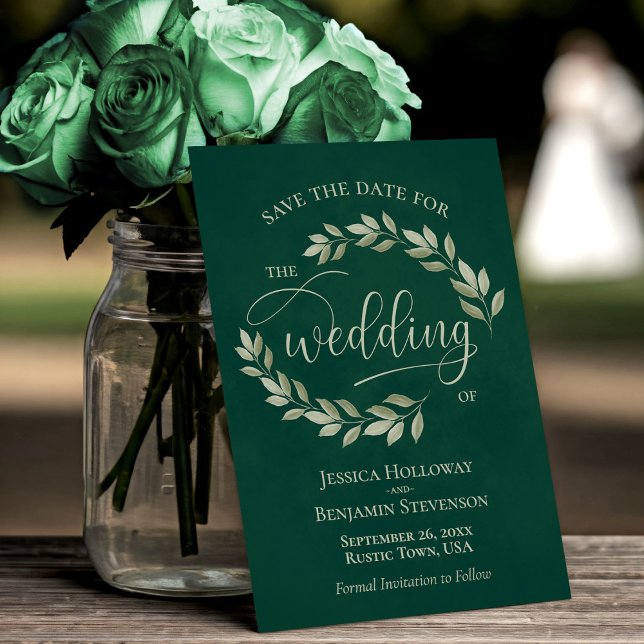 Sage Green Leaves on Emerald Green Elegant Wedding Save The Date (Creator Uploaded)