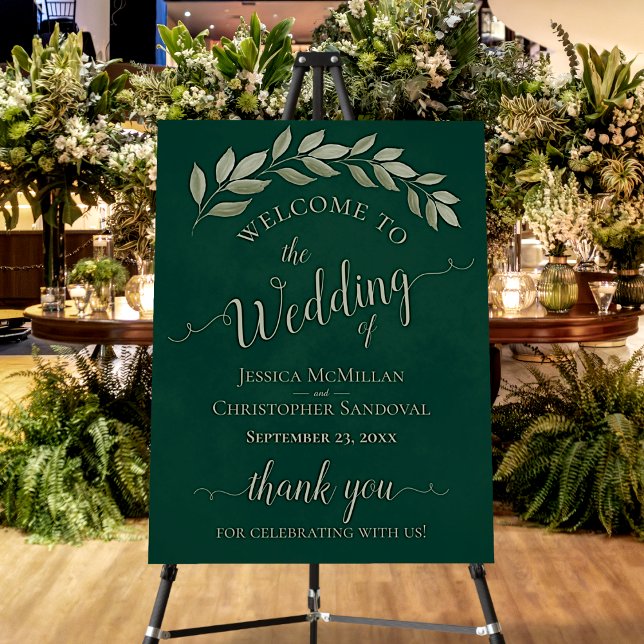 Sage Green Leaves on Emerald Wedding Welcome Sign (In Situ on Stand with Decor)