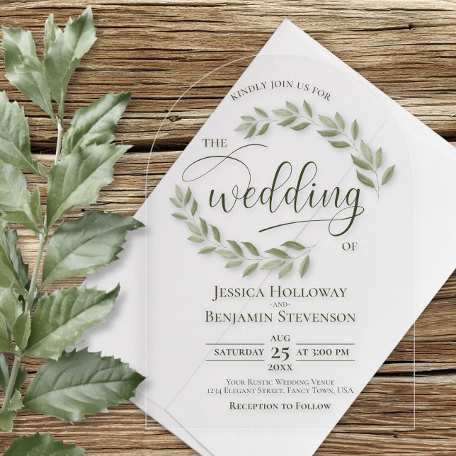 Sage Green Leaves or Vines Stylish Script Wedding  Acrylic Invitations (Clear Acrylic with Arch Cut)