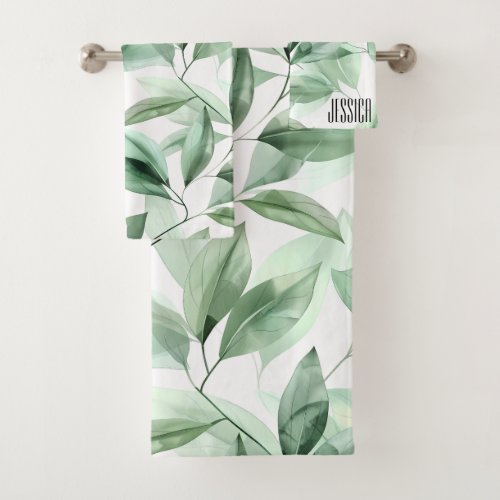 Sage Green Leaves Pale Greenery Bathroom Name Bath Towel Set