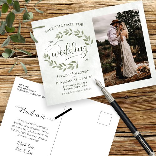 Sage Green Leaves  Photo Wedding Save the Date Announcement Postcard