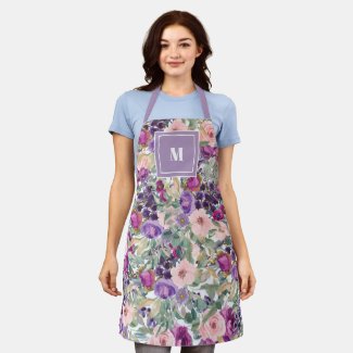 Sage Green Leaves Purple Pink Flowers Monogram