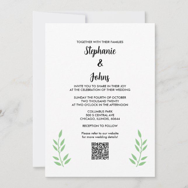 Sage Green Leaves QR Code Black Script Wedding Invitation (Front)