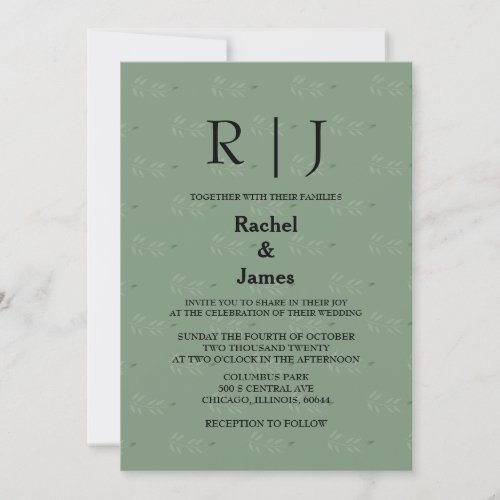 Sage Green Leaves QR Code Cool Monograms Wedding Invitation