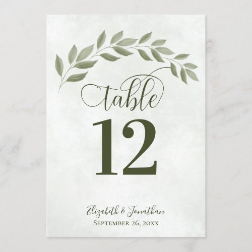 Sage Green Leaves Rustic Wedding Table Number