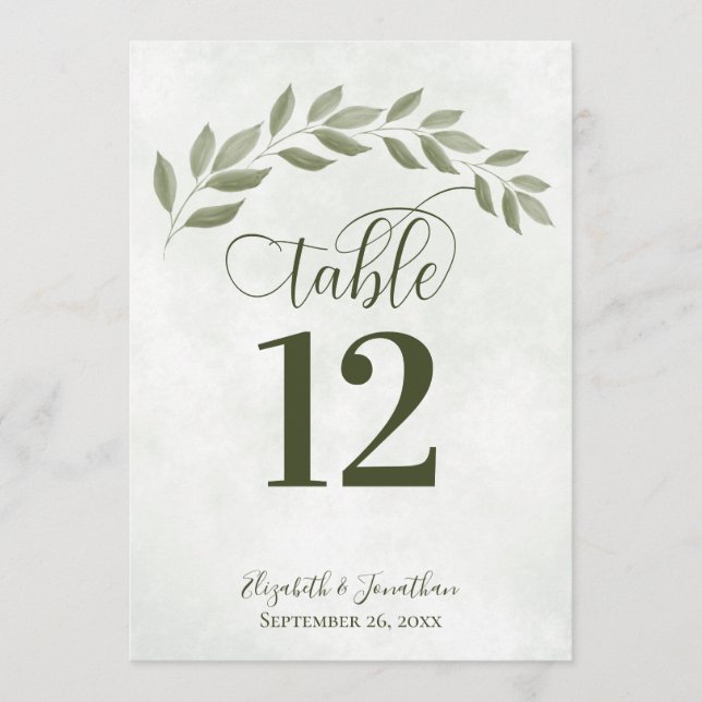 Sage Green Leaves Rustic Wedding Table Number (Front)