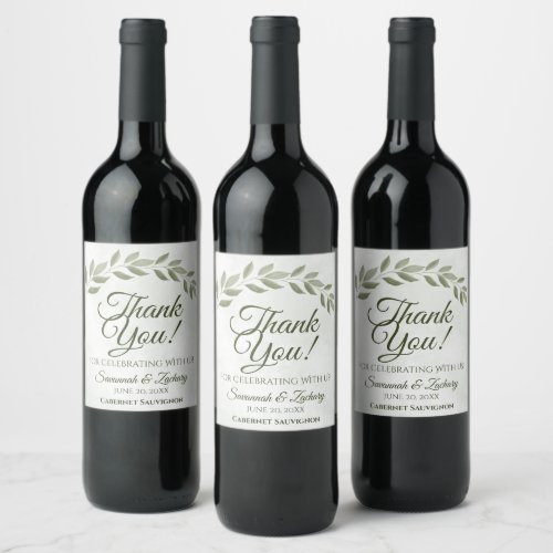 Sage Green Leaves Rustic Wedding Thank You Wine Label