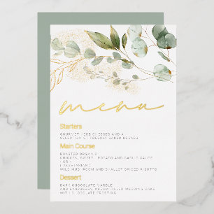 Sage Green Leaves Wedding Gold Foil Menu Invitation