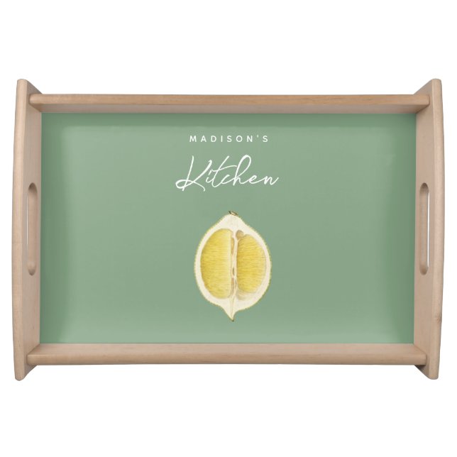 Sage Green & Lemon Script Cooking Custom Name Serving Tray (Front)