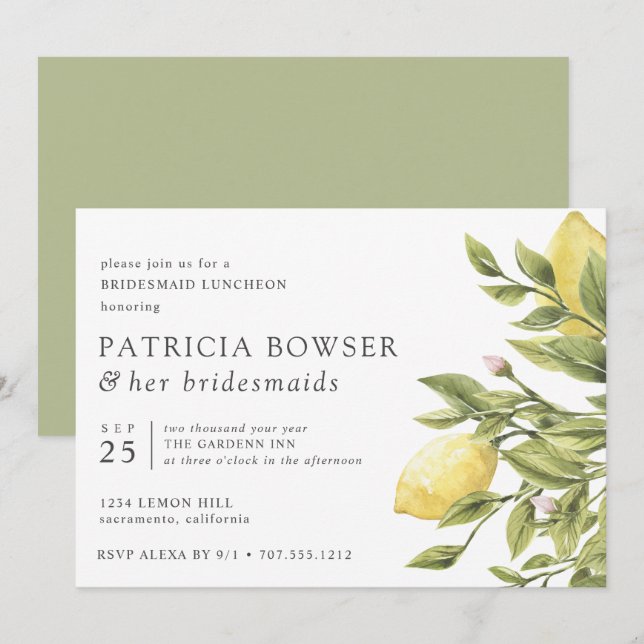 Sage green | lemons and leaves Bridesmaid Luncheon Invitation (Front/Back)