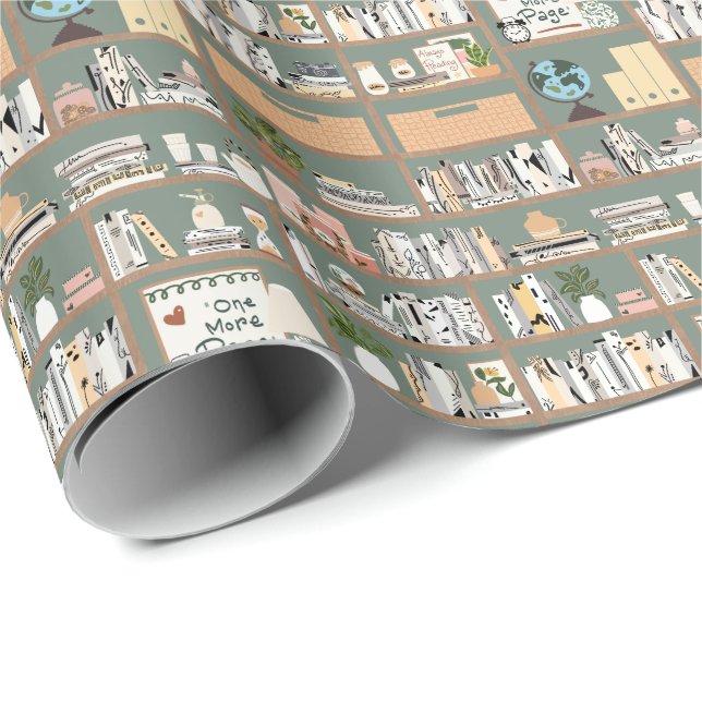 Sage Green Library Bookshelf Pattern Wrapping Paper (Roll Corner)