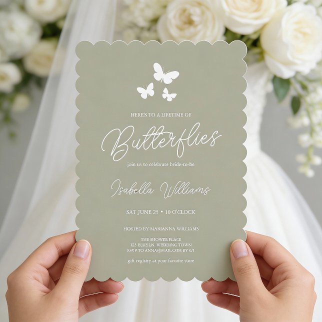 Sage Green Lifetime of Butterflies Bridal Shower Invitation (Front of the invite shown in 5 x 7 inches, choose size, paper, and corner style.)