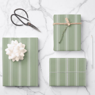 Sage Green & Light Gray Green Stripes Wrapping Paper Sheets