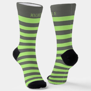 Sage Green Light Grey Striped Custom Name Socks