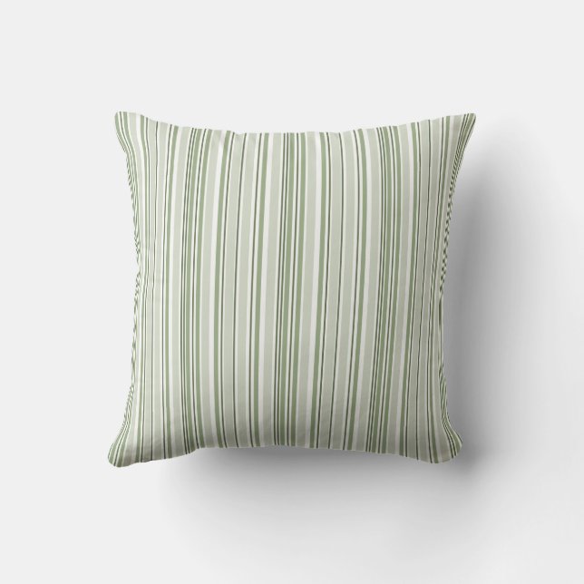 Sage Green (Light, Medium, Dark) and White Stripes Throw Pillow (Back)