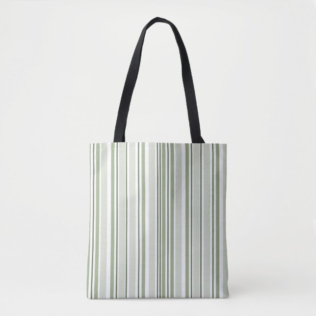 Sage Green (Light, Medium, Dark) and White Stripes Tote Bag (Front)