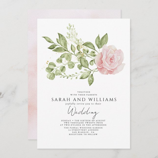 Sage Green Light Pink Floral Boho Wedding  Invitation (Front/Back)