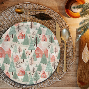 Sage Green Light Pink Pine Cones Roofs and Trees Paper Plates