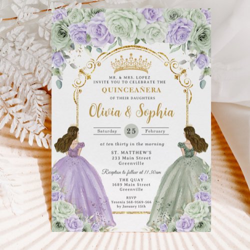 Sage Green Lilac Floral Twin Girls Quinceañera 