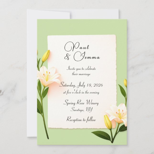 Sage Green Lily Floral Wedding Invitation (Front)
