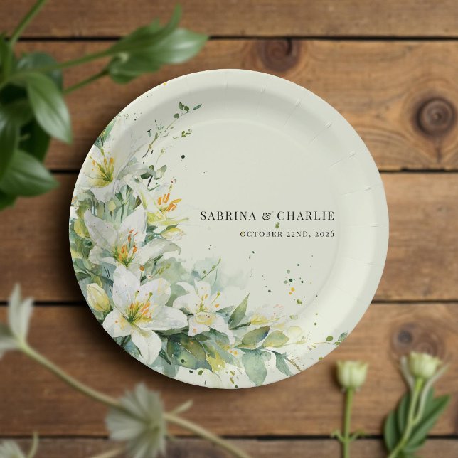 Sage Green Lily Valley Elegant Floral Wedding Paper Plates (Creator Uploaded)