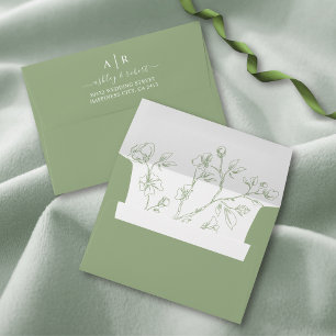 Sage green line art blossoms botanical wedding envelope