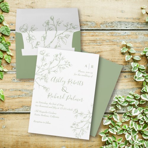 Sage green line art blossoms monochrome wedding invitation