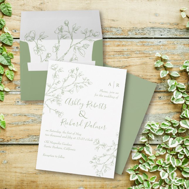 Sage green line art blossoms monochrome wedding invitation (Creator Uploaded)