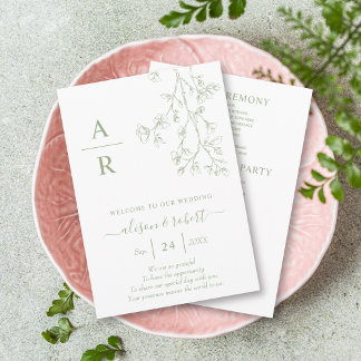 Sage green line art blossoms monochrome wedding program