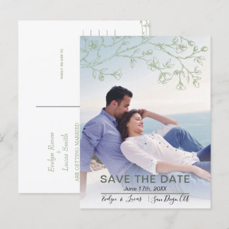 Sage green line art blossoms photo Save the Date Postcard