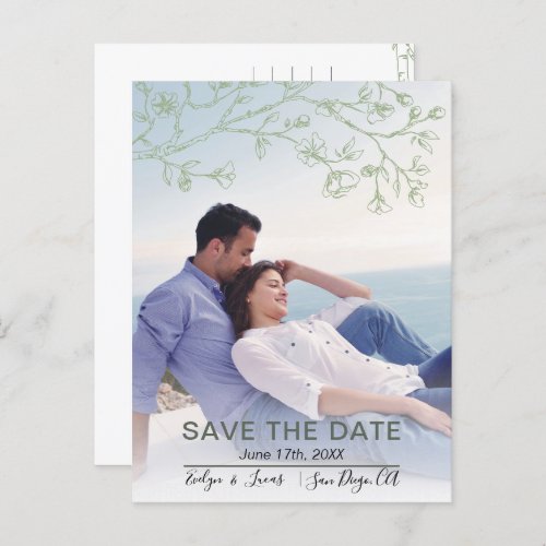 Sage green line art blossoms photo Save the Date Postcard