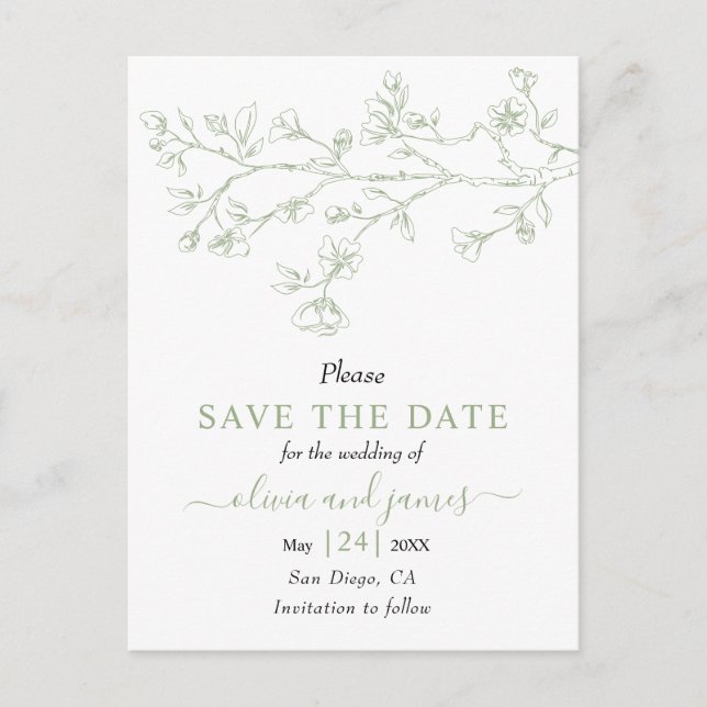 Sage green line art blossoms wedding Save the Date Postcard (Front)