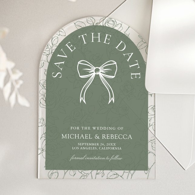 Sage Green Line Art Bow Wedding Save the Date (Creator Uploaded)