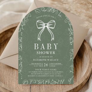 Sage Green Line Art Coquette Bow Baby Shower Invitation