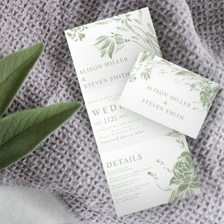 Sage green line art flowers photo wedding Tri-Fold invitation