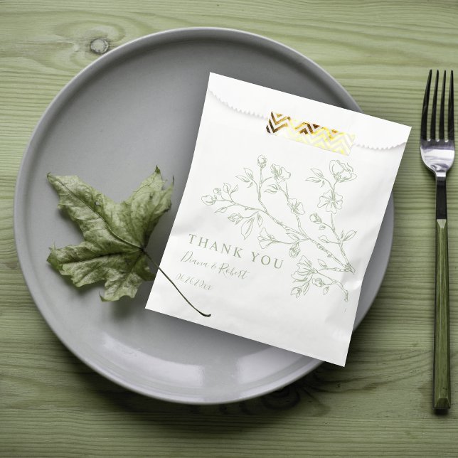 Sage green line art flowers Thank You wedding  Favor Bag (Creator Uploaded)