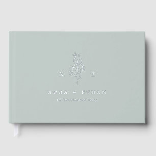 Sage Green Line Art Leaf Monogram Wedding Foil Guest Book