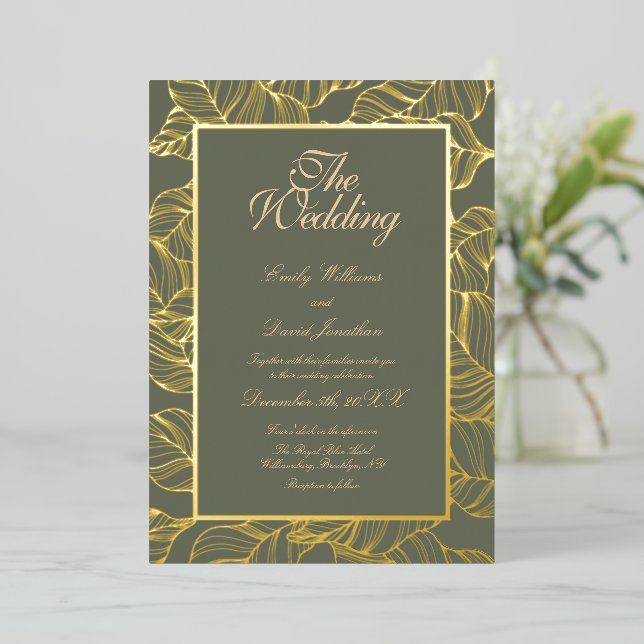 Sage Green Line Art Leaves Pattern Elegant Gold Foil Invitation (Standing Front)